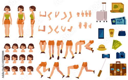 Female tourist creation set - girl in t-shirt and shorts with sunglasses. Various body parts, face emotions, hand gestures and travel accessories kit of flat woman traveller. Vector illustration. © sabelskaya
