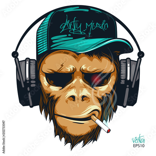 Music fan hipster monkey in headphone. DJ chimpanzee photo