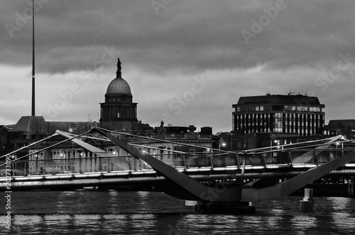 Photography Illuminated Sean O'Casey Bridge with the Custom House in Dublin, Ireland at night