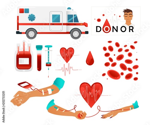 Set of blood donor images with blood donation lifesaving and hospital equipment isolated on white background. Elements for world donor day banner or flyer. Flat vector illustration.