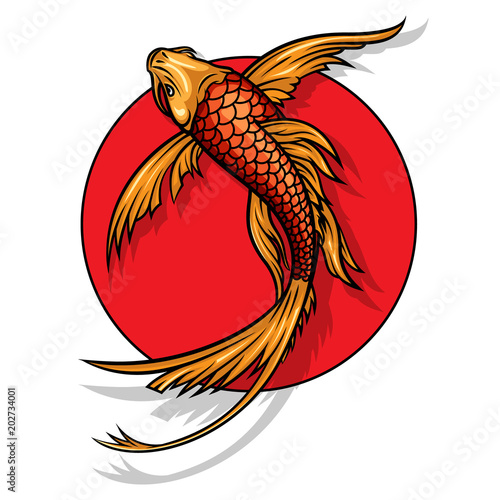 Gold koi carp on red sun vector illustration. Symbols of luck, harmony and happiness. Good for posters, logos, prints, tattoo ideas. 