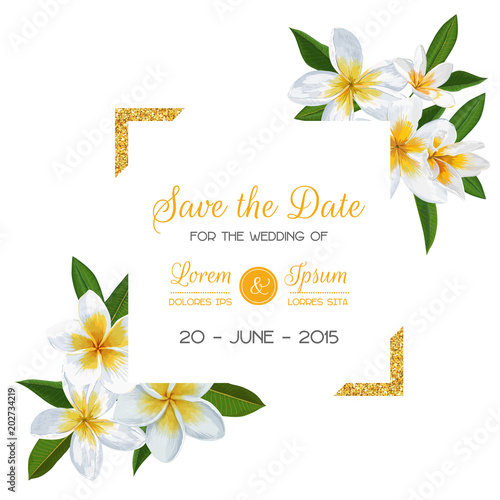 Wedding Invitation Template with Plumeria Flowers. Tropical Floral Save the Date Card. Exotic Flower Romantic Design for Greeting Postcard, Birthday, Anniversary. Vector illustration