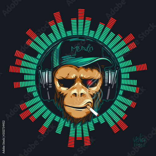 Music fan hipster monkey in headphone. DJ chimpanzee