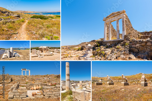 Collage of images from Delos island. The most big archaeological site of Cyclades archipelago. Greece. photo