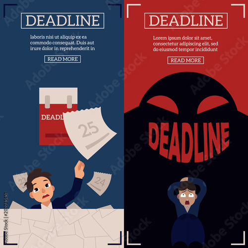 Deadline and time management banners set with businessman drowning in paperwork and scared of ghost with Deadline sign as smile. Flat cartoon vector illustration.