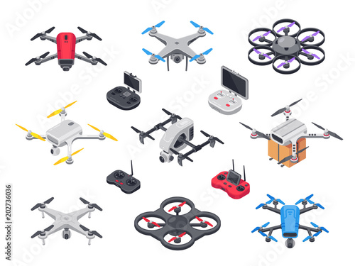 Remote control flying copter with camera. Radio controllers for rotor drone. Unmanned aircraft drones isolated isometric vector set photo