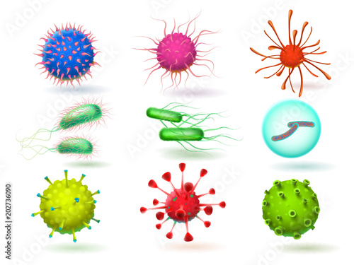 Microscopic 3d epidemic virus, bacillus bacteria and parasite. Biology of illness and viruses, microbiology vector illustration isolated photo