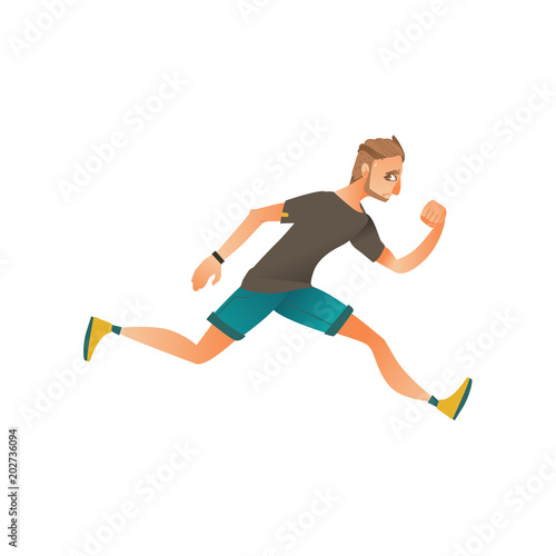 Young man in sportive summer clothing running in panic looking back. Male character runaway with afraid face . Isolated vector illustration in sketch style