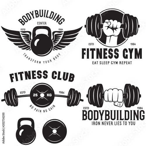 Set of monochrome fitness emblems, labels, badges, logos and designed elements. Vintage gym logo templates.
