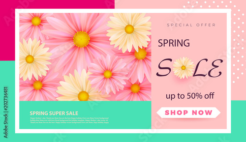 Spring sale s banner template with paper flower on colorful backgruond illustration. © Riva