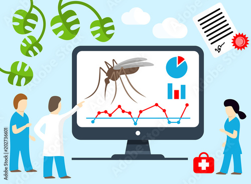 Scientists, doctors probe new ways to control malaria and mosquito. Malaria research, search cure to mosquito-borne disease. Research new methods to tackling this killer of people, vector illustration