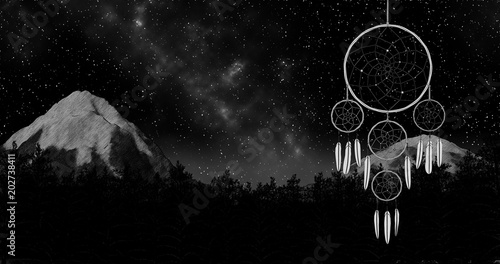 Photography dreamcatcher on a night sky forest and mountain background 3d illustration rende