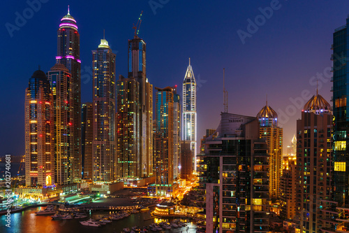 General view of Dubai Marina at night from the top