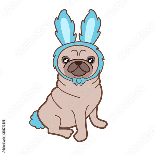 Kawaii illustration of a cute little chubby pug dog in a tiny bunny costume. How adorable is this? © EuGeniaArt