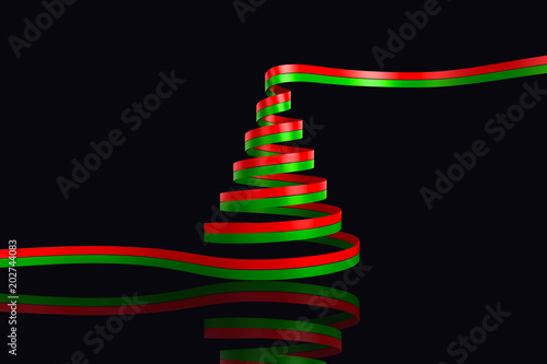 Composite image of Red and green christmas tree ribbon against black