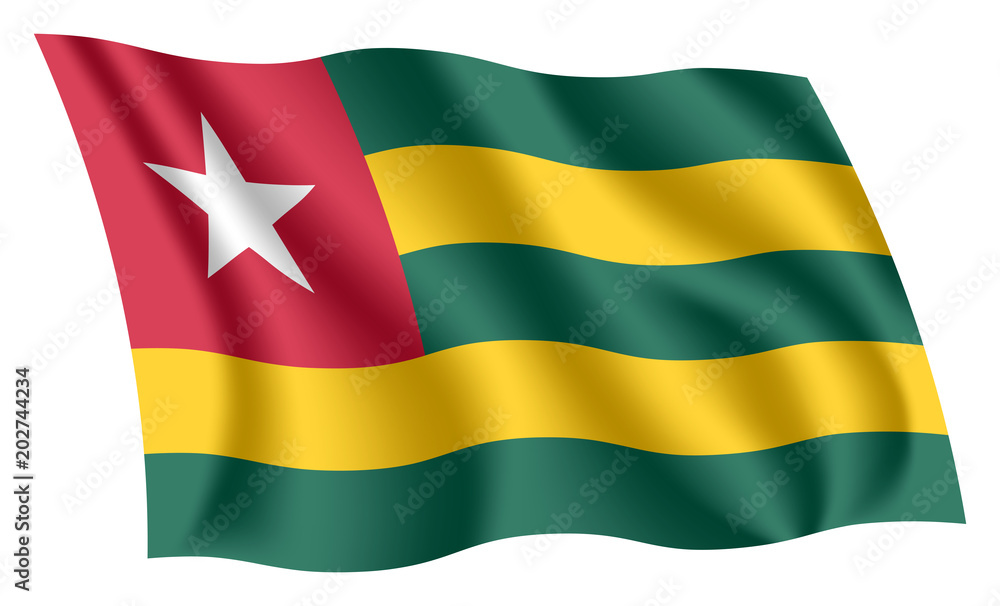Togo flag. Isolated national flag of Togo. Waving flag of the Togolese Republic. Fluttering textile togolese flag. Togo flag. Isolated national flag of Togo. Waving flag of the Togolese Republic. Fluttering textile togolese flag.