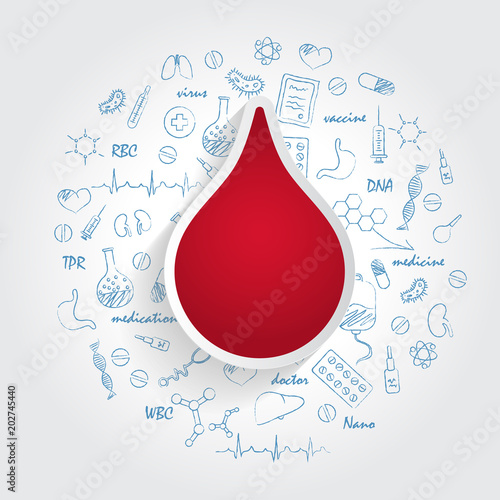 Icons For Medical Specialties. Hematology And Blood Concept. Vector Illustration With Hand Drawn Medicine Doodle. Blood, Cell, Artery, Plasma, Vein, Transfusion photo