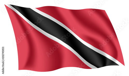 Trinidad and Tobago flag. Isolated national flag of Trinidad and Tobago. Waving flag of the Republic of Trinidad and Tobago. Fluttering textile trinidadian flag. The Sun Sea Sand Banner. photo
