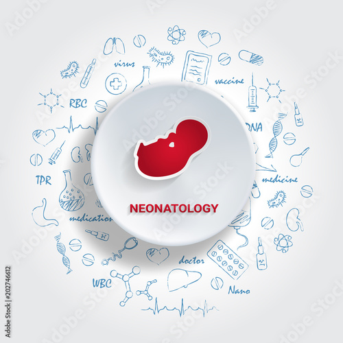 Icons For Medical Specialties. Neonatology Concept. Vector Illustration With Hand Drawn Medicine Doodle. Infant, Newborn, Pediatrician, Birth