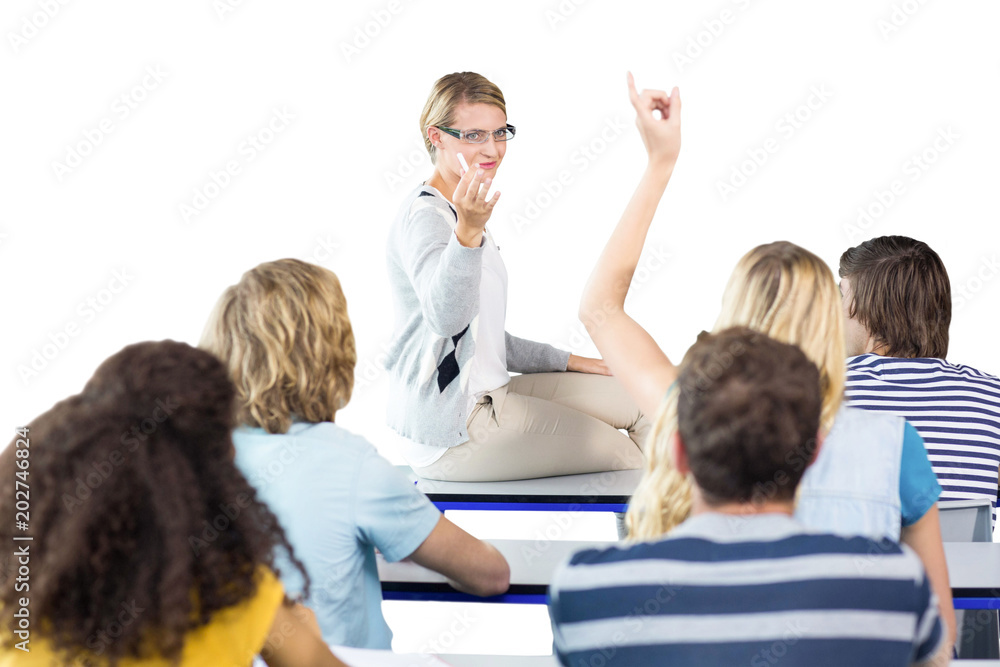 Student raising hand in classroom against white background with vignette Student raising hand in classroom against white background with vignette