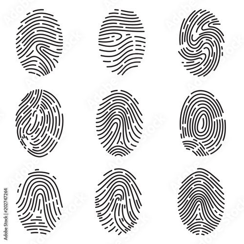 Set of different vector outline fingerprint isolated on white background. Abstract geometric identification authorization symbol.