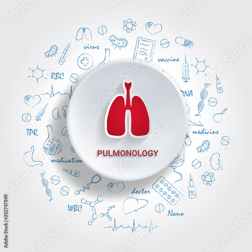 Icons For Medical Specialties. Pulmonology Concept. Vector Illustration With Hand Drawn Medicine Doodle. Lungs,Diagnosis, Asthma, Bronchial, Cancer