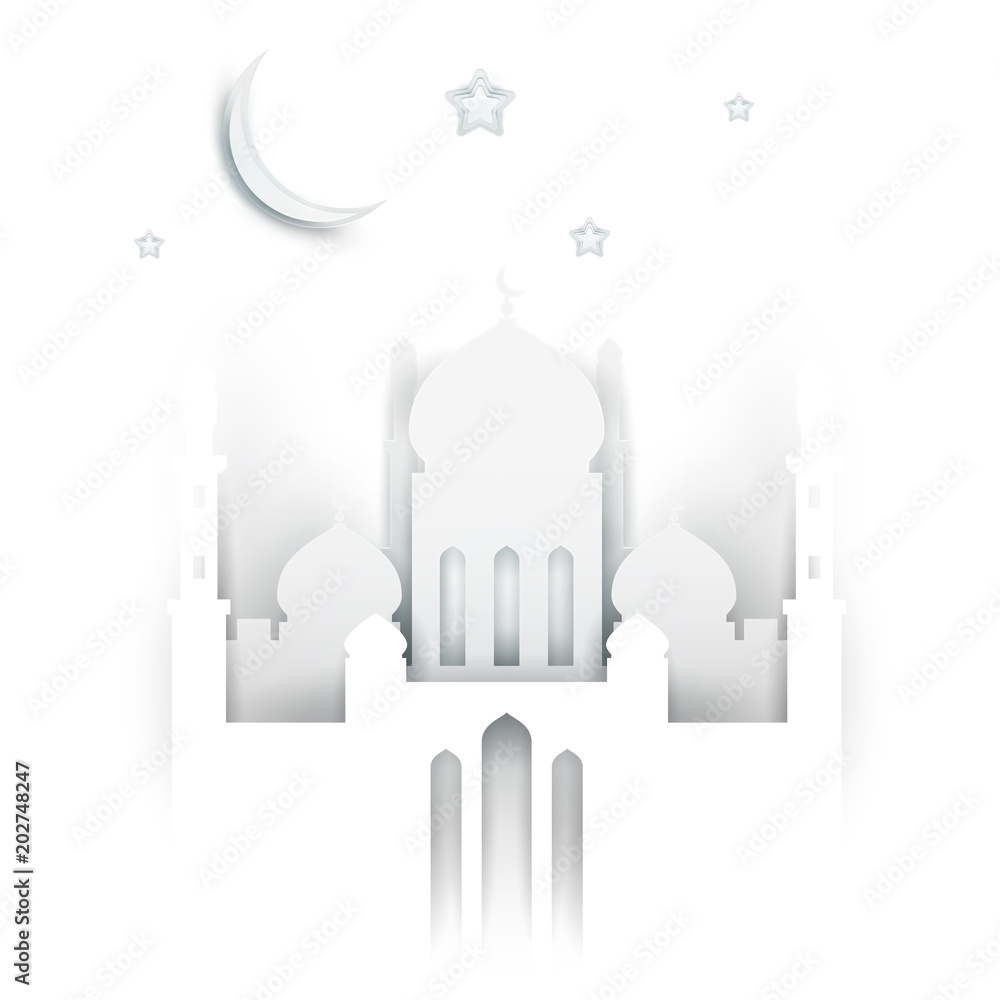 Ramadan kareem islamic beautiful design template. Holiday composition in modern paper cut style. Trendy background for greeting card, banner, cover or poster. Vector illustration.