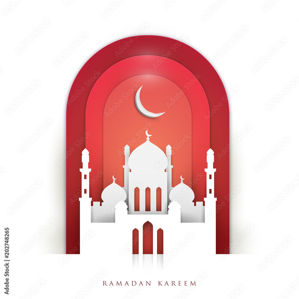 Ramadan kareem islamic beautiful design template. Holiday composition in modern paper cut style. Trendy background for greeting card, banner, cover or poster. Vector illustration.