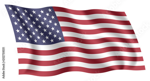 America flag. Isolated national flag of United States (US). Waving flag of the United States of America (USA). Fluttering textile american flag. The Stars and Stripes. Red, White, and Blue. Old Glory.
