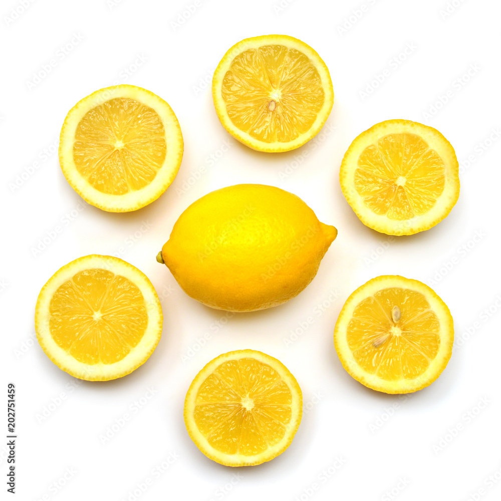 Lemon whole and sliced isolated on white background. Flat lay, top view