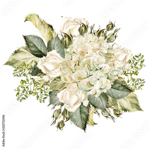 A beautiful watercolor bouquet with hudrangea and roses.