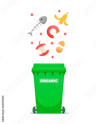 Recycling organic garbage icon, food trash container.