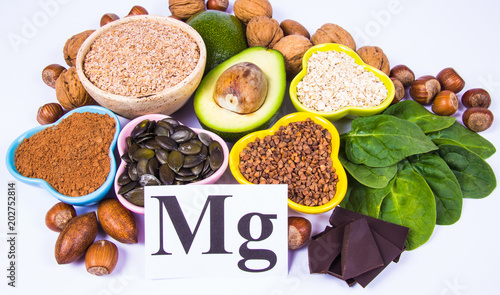 Products containing magnesium. Healthy food. White background.