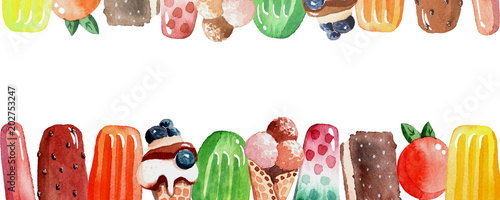 Frame with colorful ice cream in watercolor style.