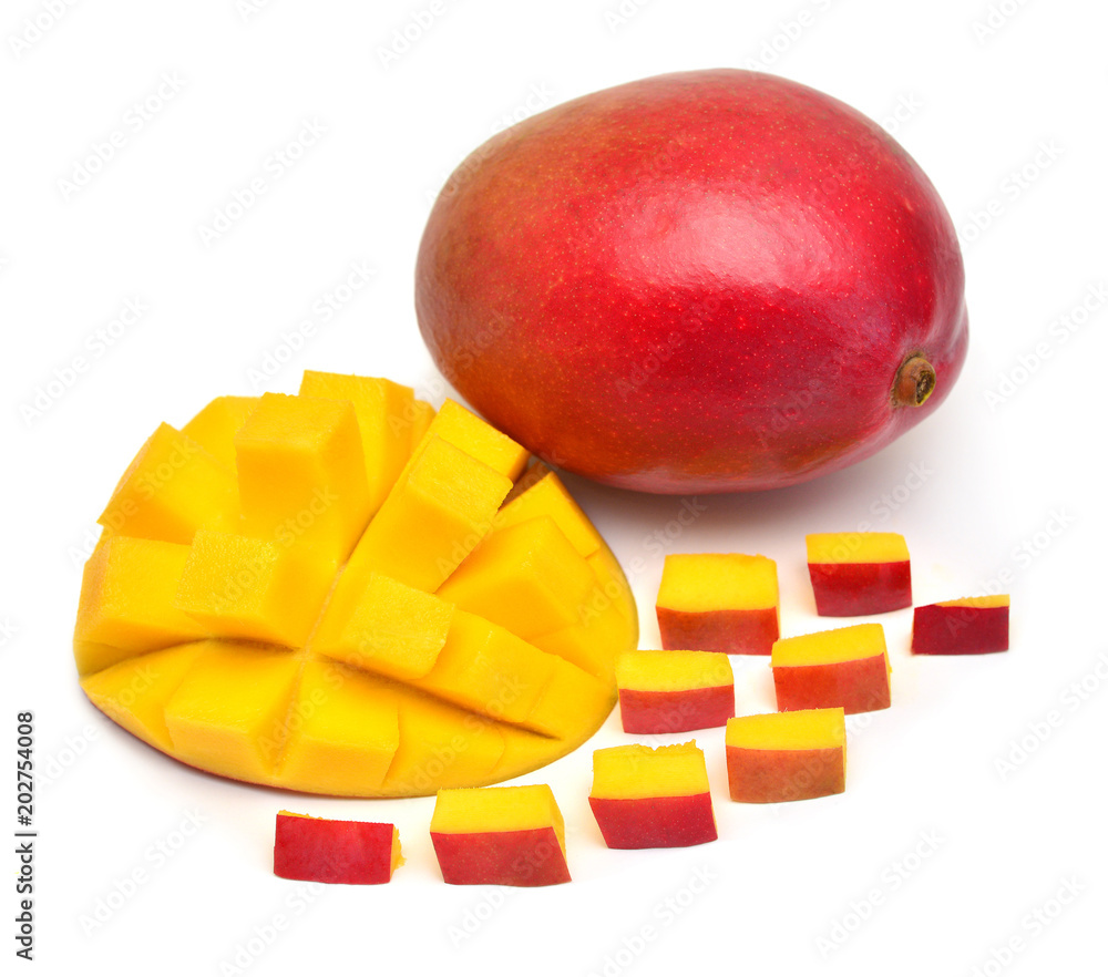Mango fruit red whole and slices of cubes isolated on white background. Juicy Mango fruit red whole and slices of cubes isolated on white background. Juicy