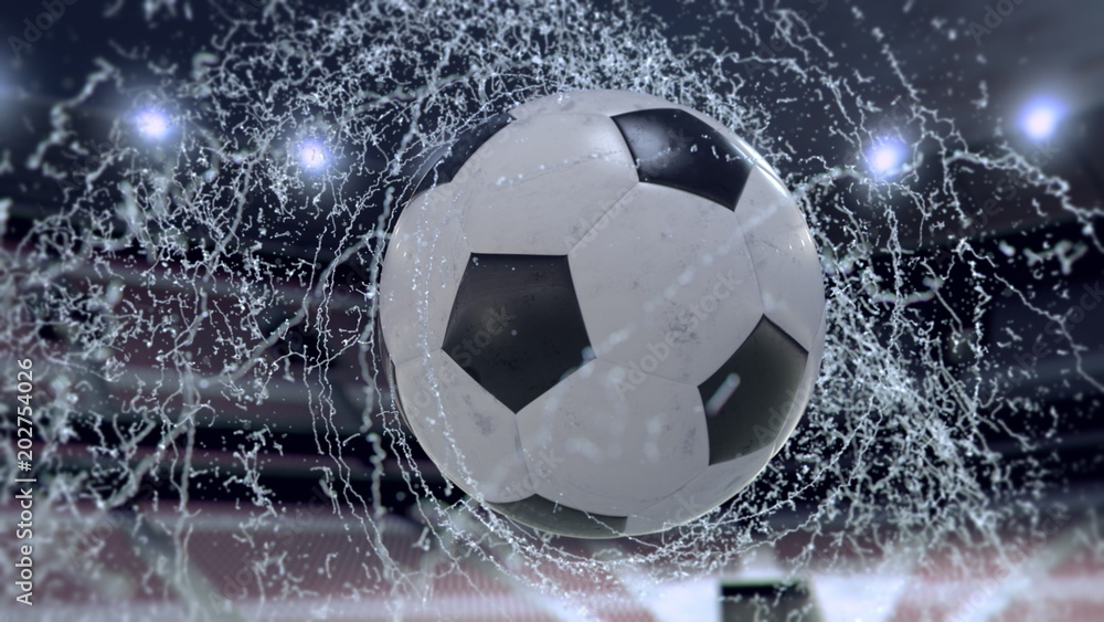 Naklejka premium Soccer ball flies emitting whirl of water drops, 3d illustration