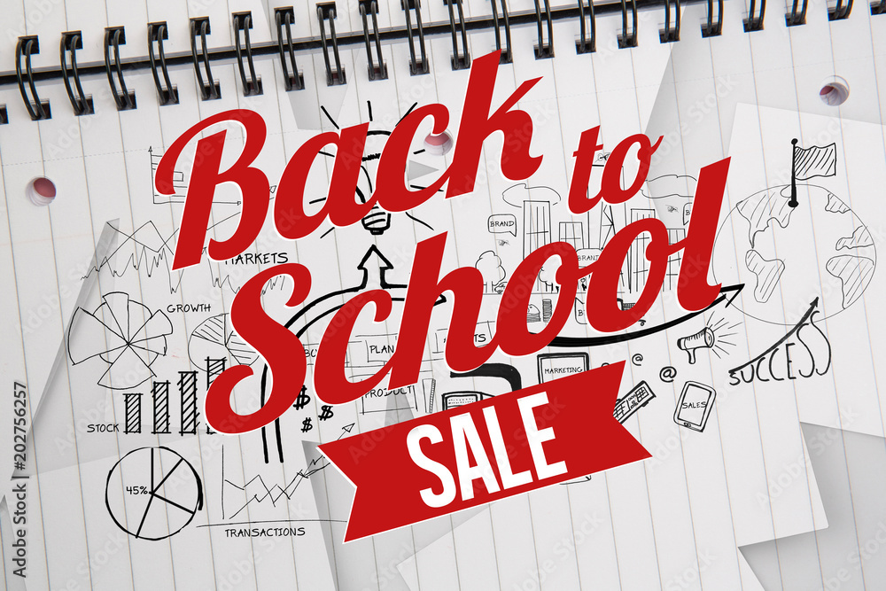 Back to school sale message against brainstorm doodles on notepad paper