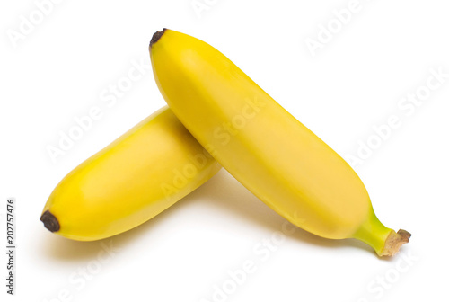 Two baby banana against white background. Flat lay, top view. Flat lay, top view. Yellow Fruit photo