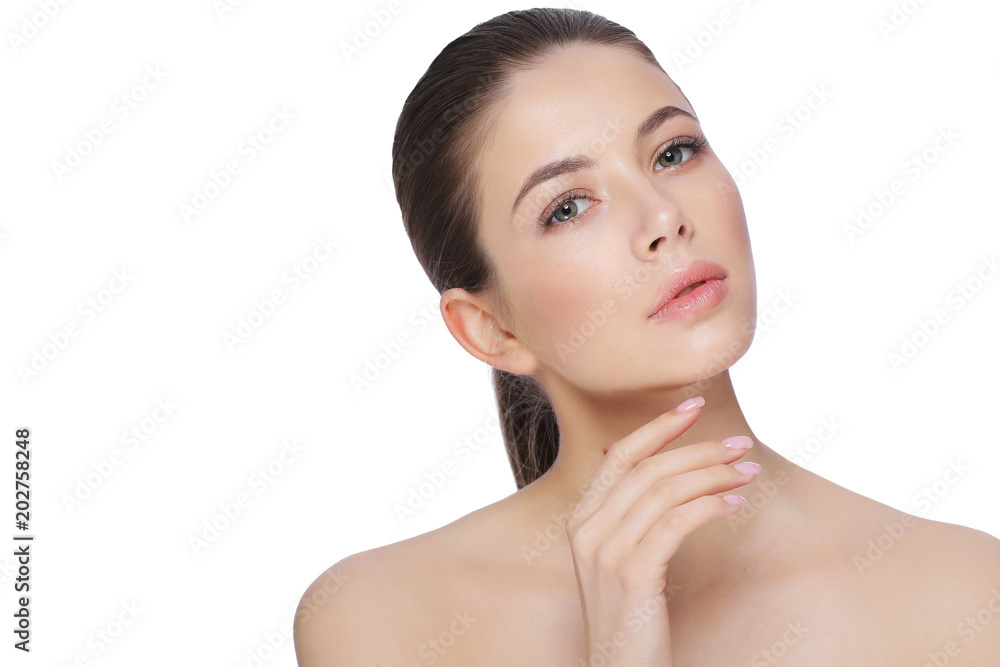 Portrait of a beautiful young woman, skin care and hands with manicure. Portrait of a beautiful young woman, skin care and hands with manicure.