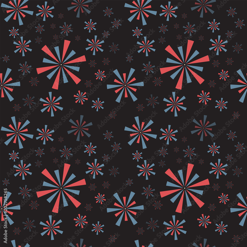 Red, blue circle strip fireworks and sparklers on a dark background. Seamless pattern for Independence Day. Vector illustration Red, blue circle strip fireworks and sparklers on a dark background. Seamless pattern for Independence Day. Vector illustration