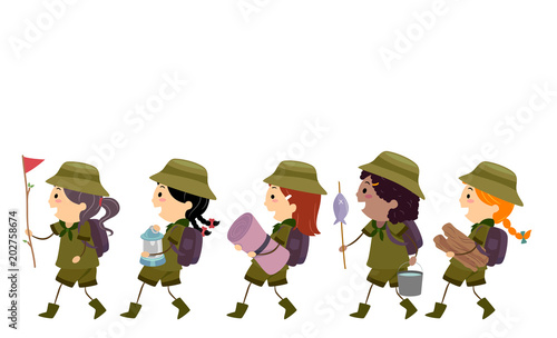 Stickman Kids Girl Scouts Walk Illustration