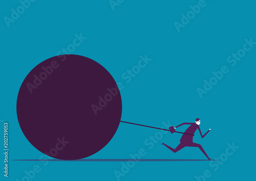 Businessman with large metal ball. Vector illustration business weight burden concept.