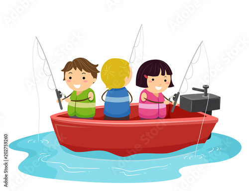 Stickman Kids Motor Boat Fishing Illustration