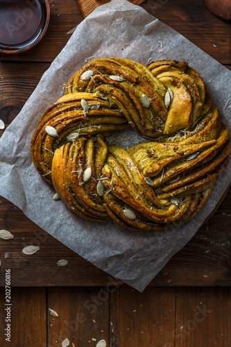 Close view Babka Brioche Wreath with Pesto and Parmesan photo