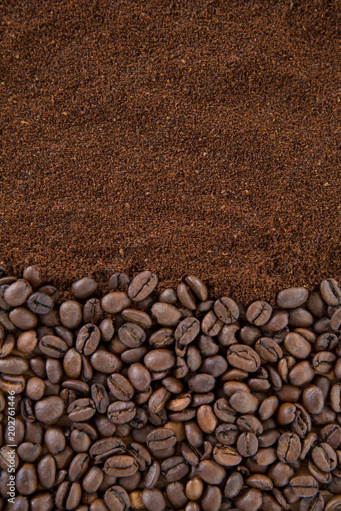 Coffee beans with roasted coffee powder Coffee beans with roasted coffee powder