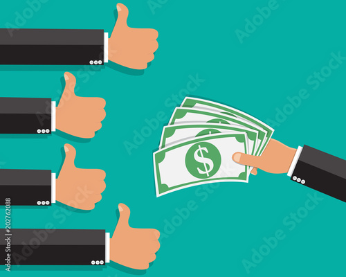 Fotografia hand thump up sign  with hand holding money , Thump up like vote for banknote money paying - Vector illustration