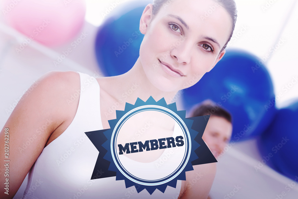 Φωτογραφία The word members and closeup portrait of woman at fitness studio against badge