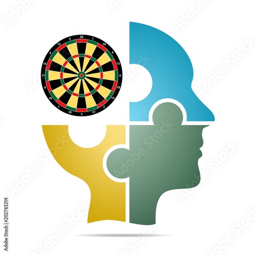 The human head composed of colored puzzle pieces with color target with gray shadow below the head on a white background. Human head composed of geometric elements 