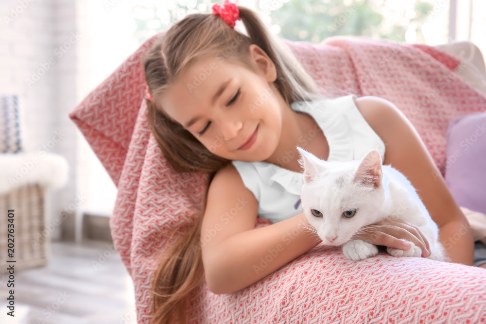 Little girl sitting in armchair with white cat indoors Little girl sitting in armchair with white cat indoors