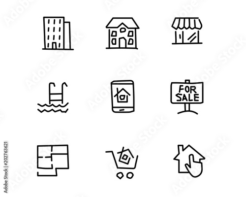 real estate hand drawn icon set design illustration, hand drawn style design, designed web and app